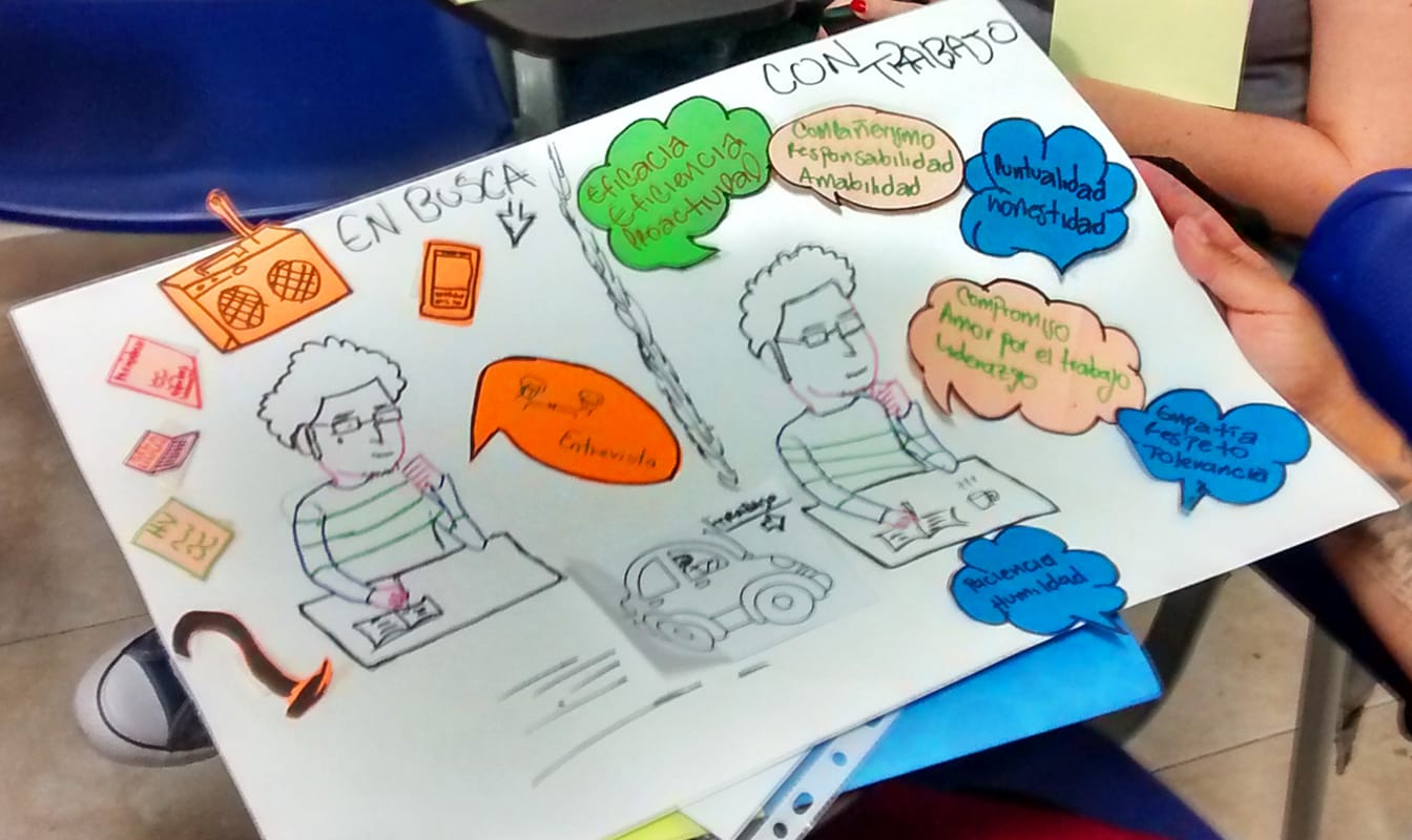 A student shows off their sketches for a project.