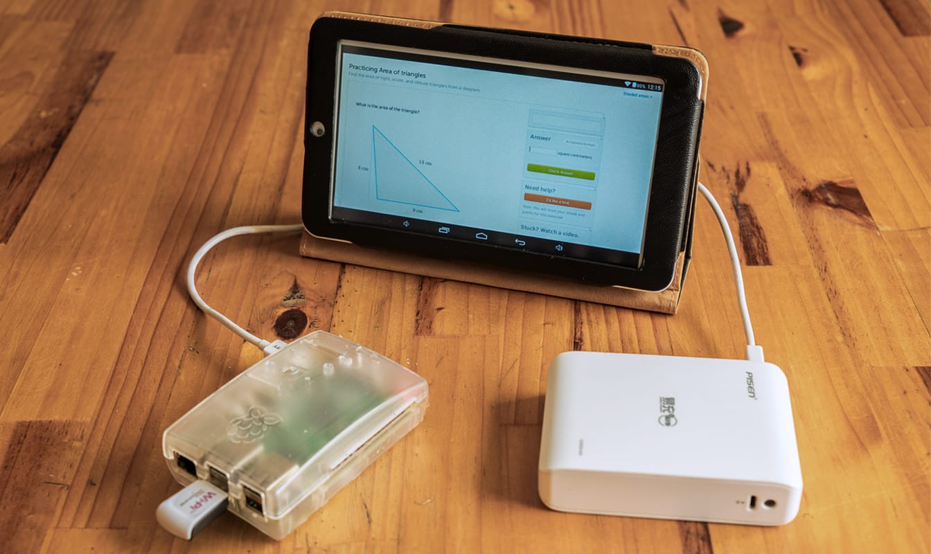 A tablet connected to a Raspberry Pi computer.