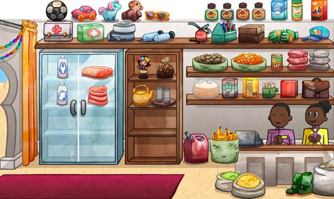 An illustration from an educational game, featuring two people working at a shop.